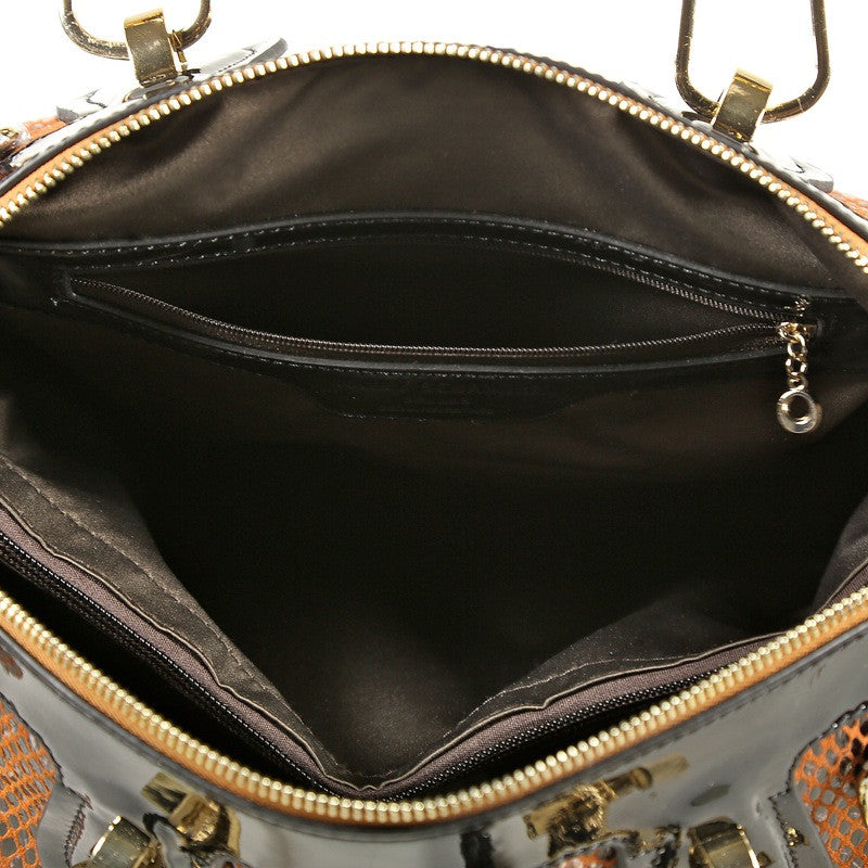 Black and Brown Patent Leather Snake Print Bag by Bobby Schandra